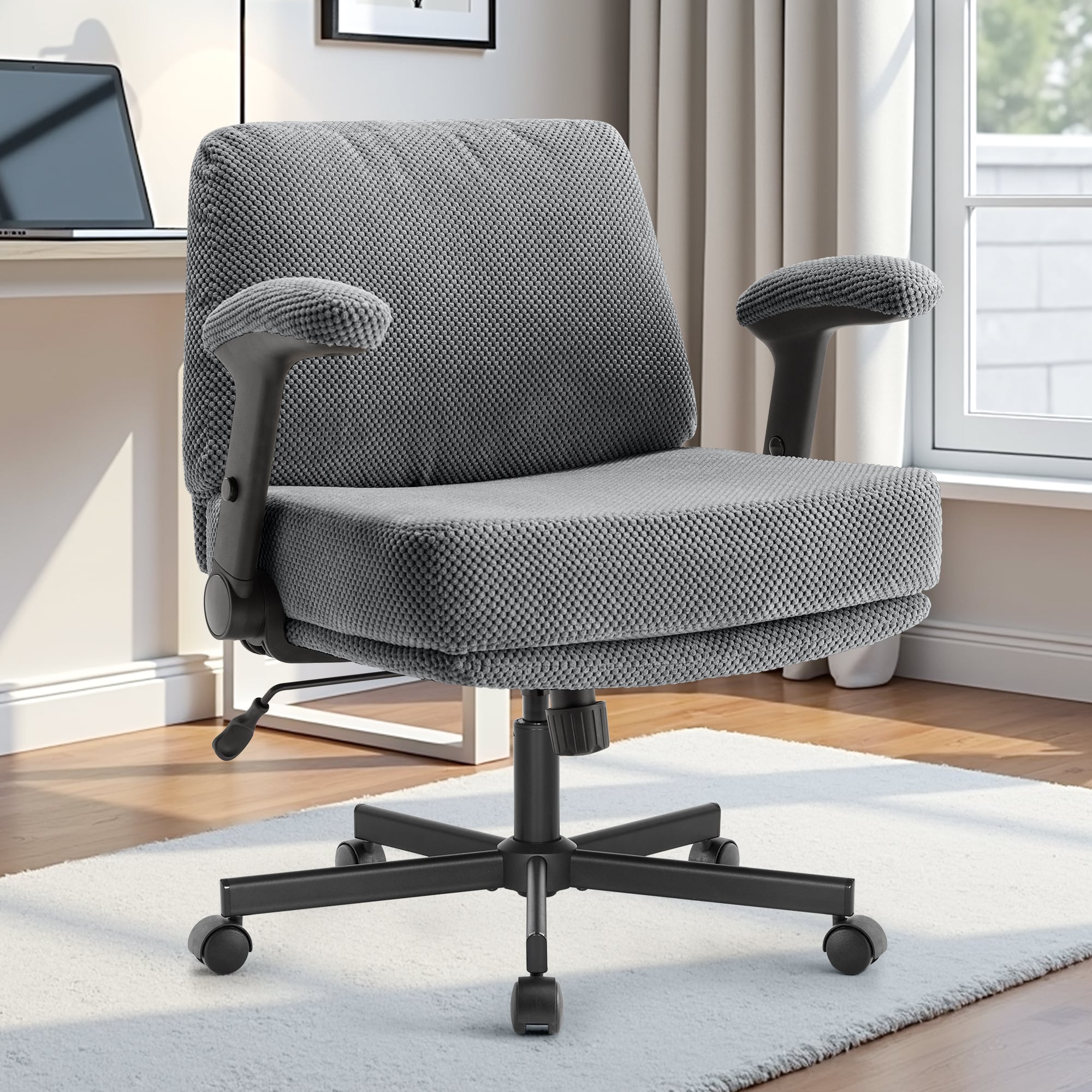 Criss Cross Chair With Wheels And Flip Arms- Comfy Fabric Cross Legged Office Chair With Thick Cushion&Wide Seat, Adjustable Swivel Desk Chair For Home Office, Apartment, Bedroom_voghion.com